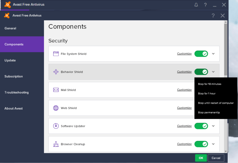 Отключение службы защиты идентификаторов Avast