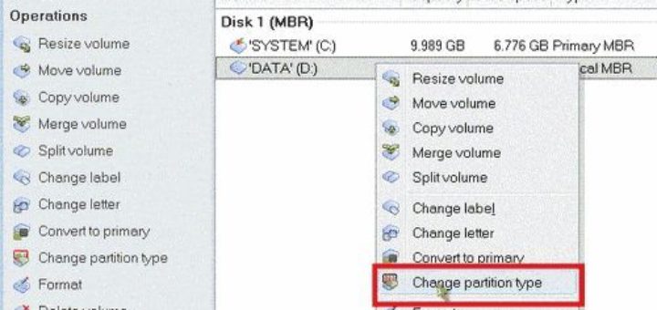 Изменить тип раздела