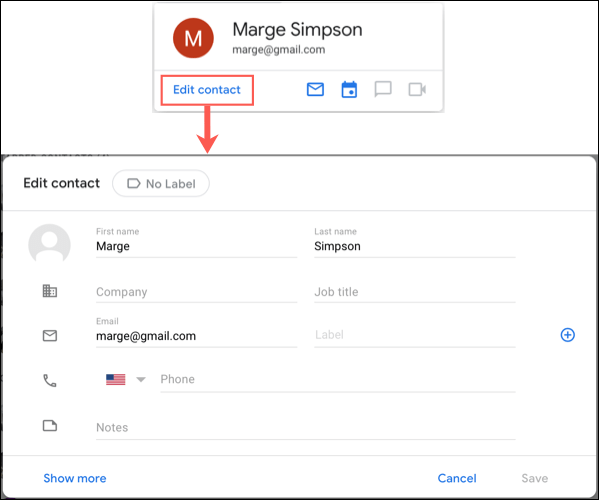 редактирование контакта